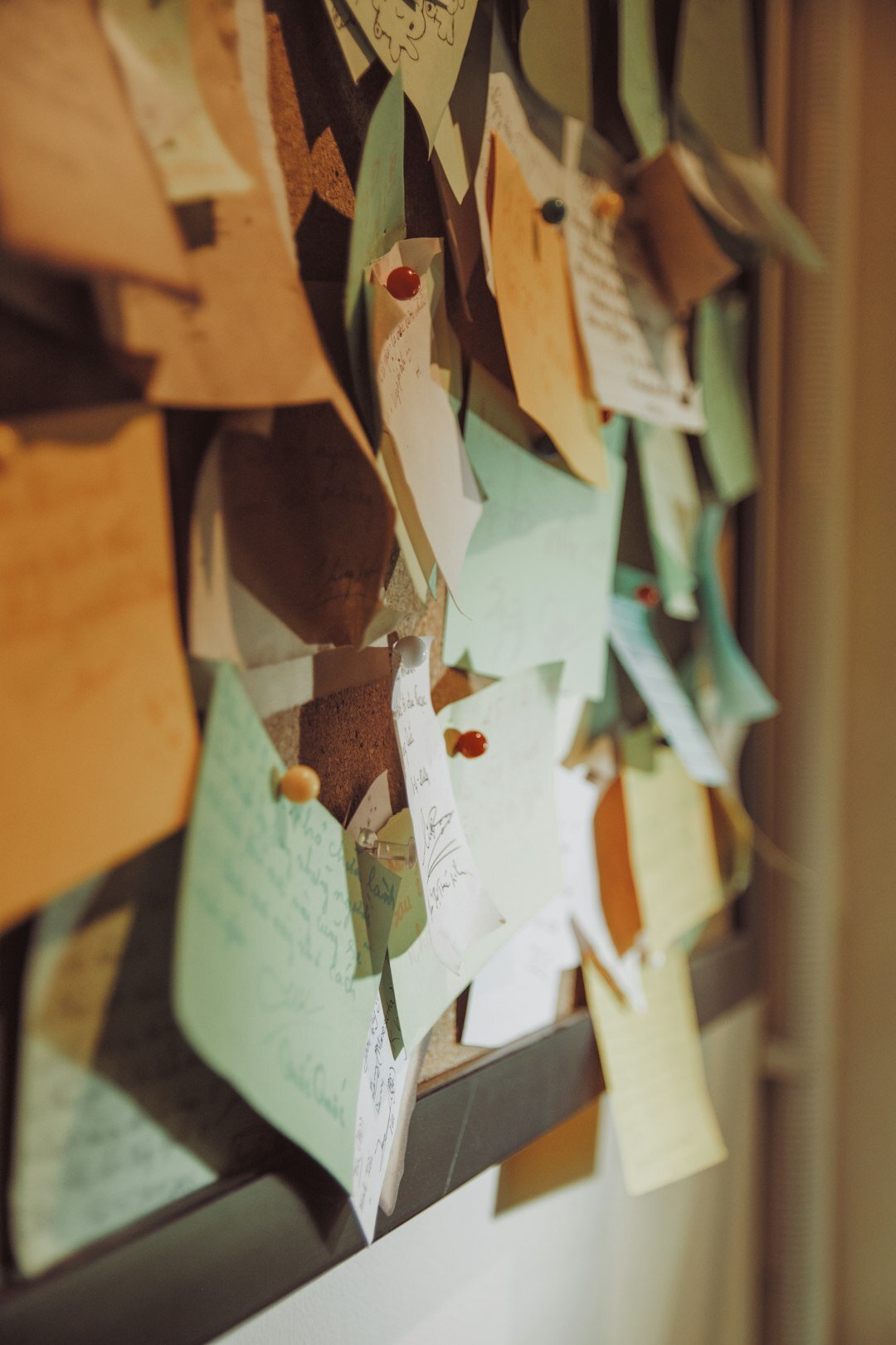 Handwritten manuscript notes pinned with red thread on a cork board